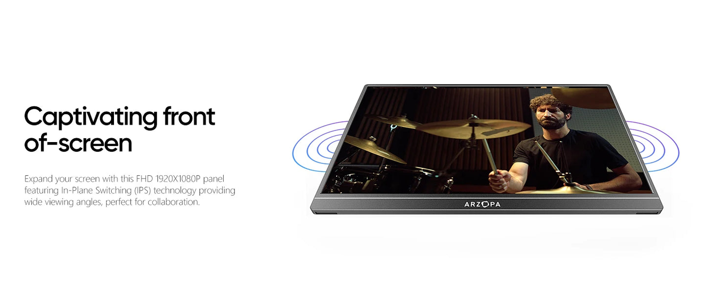 ARZOPA A1S 14″ FHD IPS Portable Monitor – USB‑C + HDMI, Ultra‑Slim, 60Hz, Built‑in Speakers