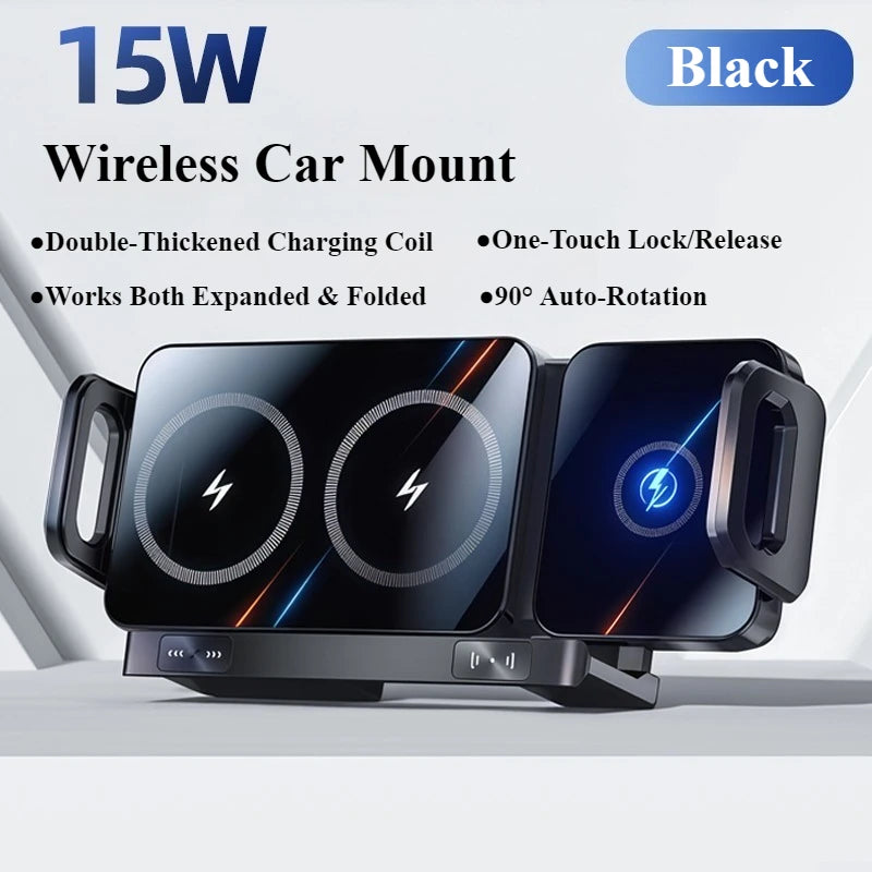 15W Wireless Car Charger Mount – Foldable Screen Phone Stand for Samsung Fold 7/6 & iPhone 17/16