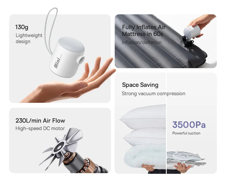 Baseus Wireless Mini Air Compressor – Portable Inflator for Mattresses, Swim Rings & Storage Bags