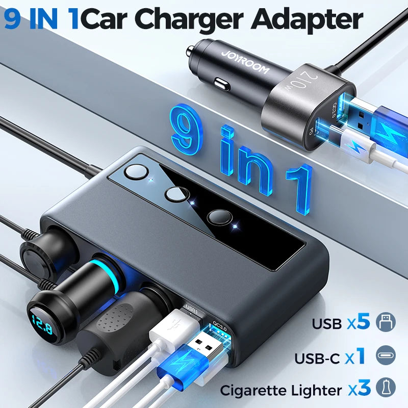 Joyroom 210W 9-in-1 Car Charger Adapter – PD 3.0, Dual QC 3.0, 3 DC Sockets, Independent Switches, LED Voltage Display