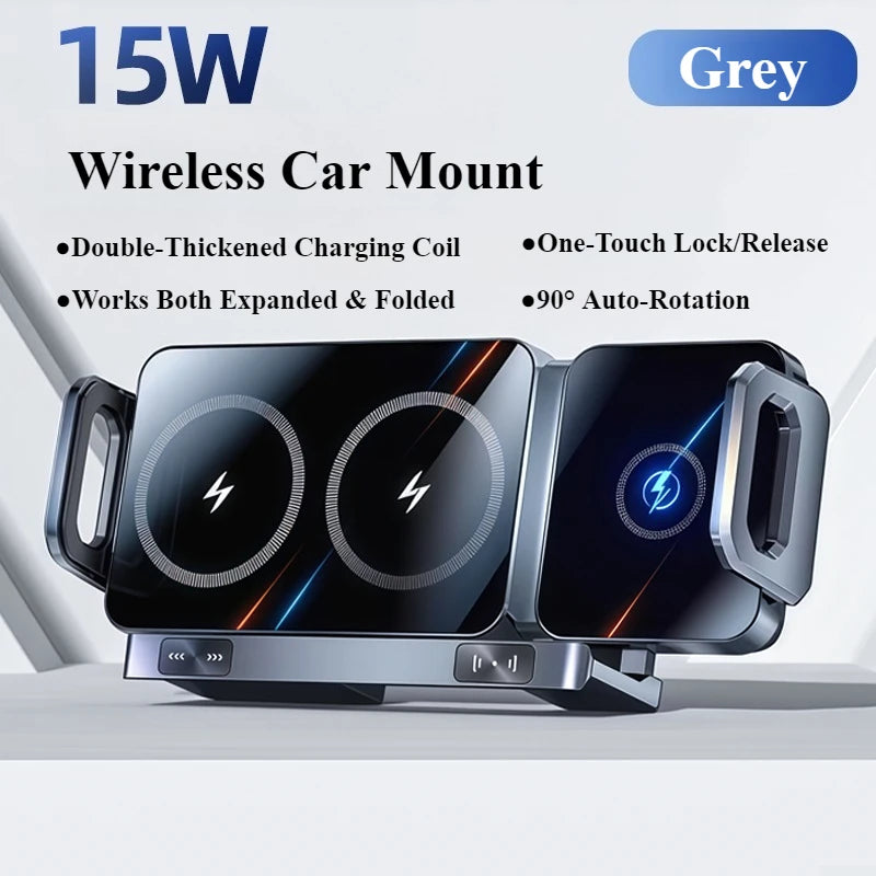 15W Wireless Car Charger Mount – Foldable Screen Phone Stand for Samsung Fold 7/6 & iPhone 17/16