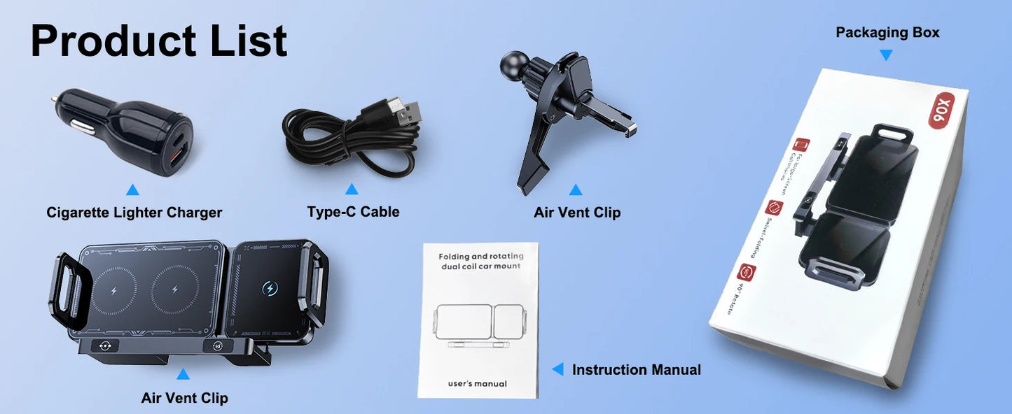15W Wireless Car Charger Mount – Foldable Screen Phone Stand for Samsung Fold 7/6 & iPhone 17/16