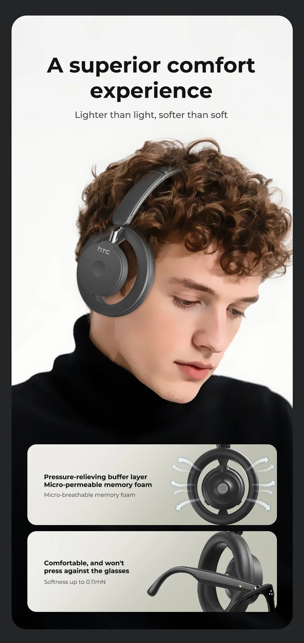 HTC HP06 Bluetooth V6.0 Foldable Wireless Headphones – Punchy Bass, Open Ear‑Airy Design