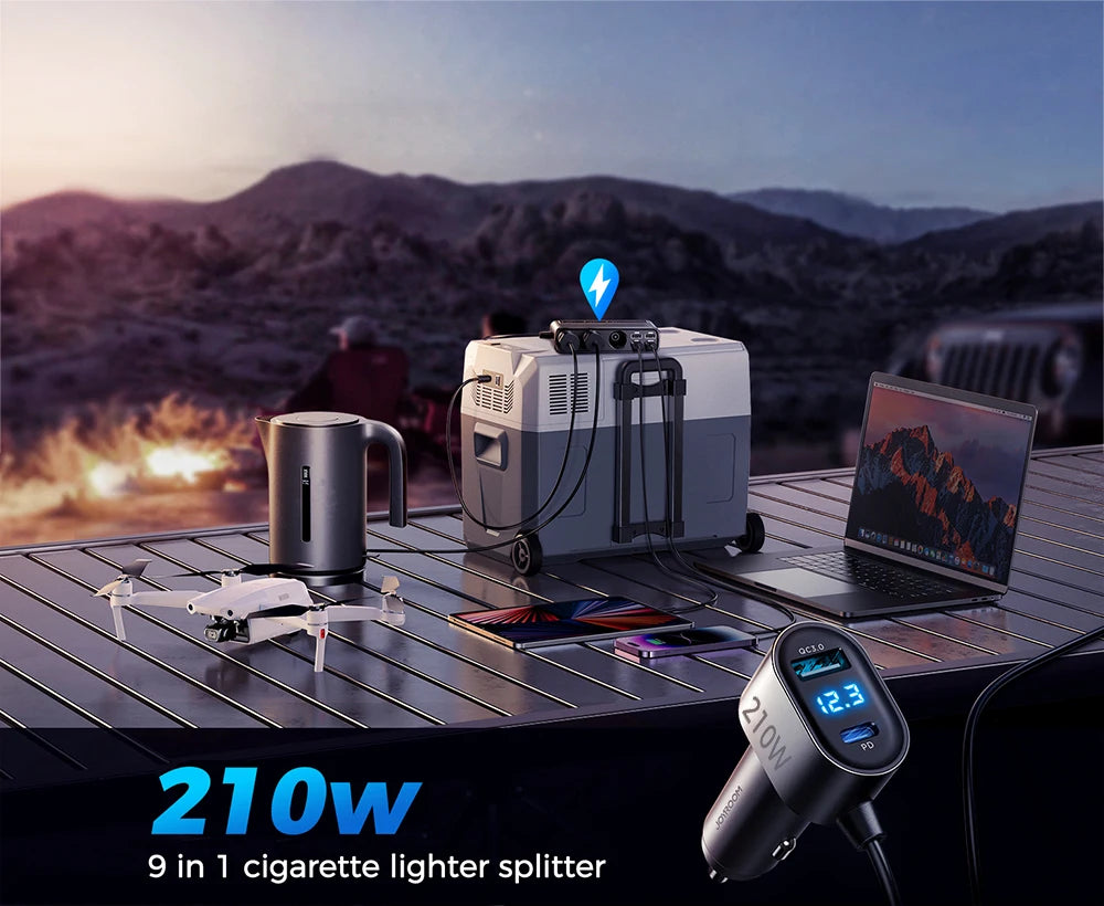 Joyroom 210W 9-in-1 Car Charger Adapter – PD 3.0, Dual QC 3.0, 3 DC Sockets, Independent Switches, LED Voltage Display